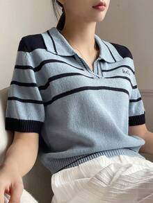DAZY Mẫu sọc Thêu Chữ Knit ngọn - Màu xanh bụi bặm - Xem 9
