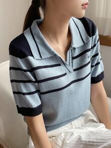 DAZY Mẫu sọc Thêu Chữ Knit ngọn - Màu xanh bụi bặm - Xem 10