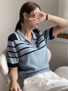 DAZY Mẫu sọc Thêu Chữ Knit ngọn - Màu xanh bụi bặm - Xem 11