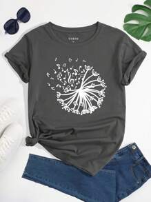 SHEIN LUNE 圖案印花T恤 - 深灰色 - 查看 1