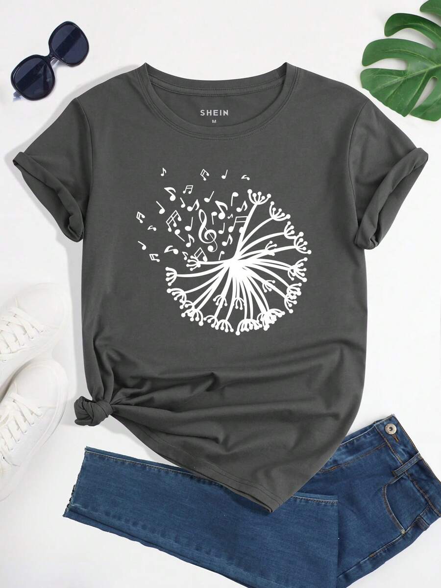 SHEIN LUNE 圖案印花T恤 - 深灰色 - 查看 1