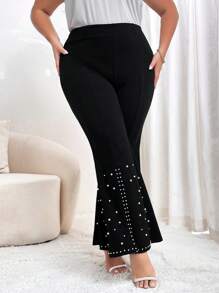 SHEIN Privé 大碼珍珠串珠下擺開叉喇叭褲