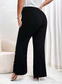 SHEIN Privé 大碼珍珠串珠下擺開叉喇叭褲