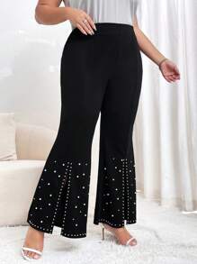 SHEIN Privé 大碼珍珠串珠下擺開叉喇叭褲