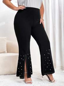 SHEIN Privé 大碼珍珠串珠下擺開叉喇叭褲