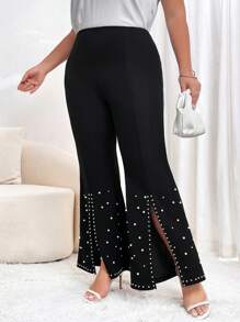 SHEIN Privé 大碼珍珠串珠下擺開叉喇叭褲