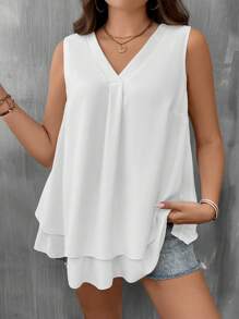 SHEIN LUNE Plus Solid V Neck Blouse - White - View 3