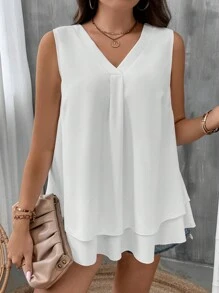 SHEIN LUNE Plus Solid V Neck Blouse - White - View 4