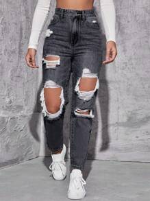 Jeanoix High Waist Ripped Cut Out Jeans - Dark Grey - View 5