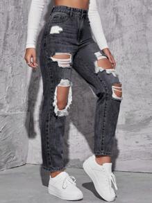 Jeanoix High Waist Ripped Cut Out Jeans - Dark Grey - View 3