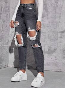 Jeanoix High Waist Ripped Cut Out Jeans - Dark Grey - View 4