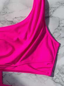 Swim Vcay 素色單肩比基尼泳裝附沙灘裙 - 玫紅色 - 查看 3