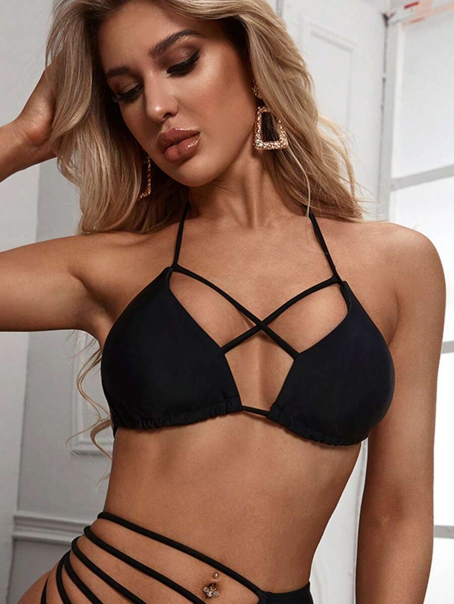 Criss Cross Halter Bikini Top - Black - View 1