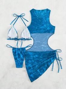 SHEIN Swim Summer Beach Allover Print Halter Triangle Bikini Set With Cover Up - Blue - View 2