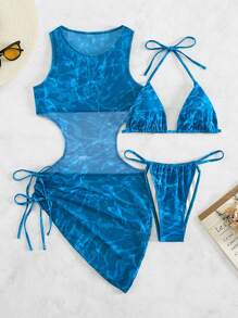 SHEIN Swim Summer Beach Allover Print Halter Triangle Bikini Set With Cover Up - Blue - View 4