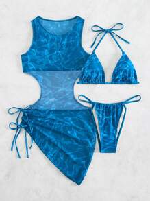 SHEIN Swim Summer Beach Allover Print Halter Triangle Bikini Set With Cover Up - Blue - View 5