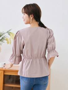 DAZY 纯色纽扣前喇叭袖衬衫，荷叶边 - 粉色 - 查看 2