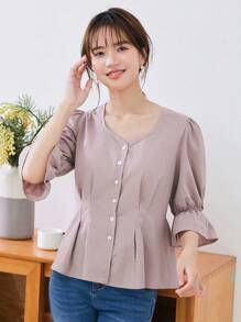 DAZY 纯色纽扣前喇叭袖衬衫，荷叶边 - 粉色 - 查看 3