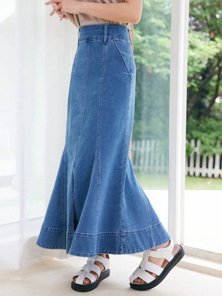 DAZY Mermaid Hem Denim Skirt - Medium Wash - View 4