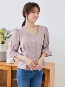 DAZY 纯色纽扣前喇叭袖衬衫，荷叶边 - 粉色 - 查看 4