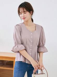 DAZY 纯色纽扣前喇叭袖衬衫，荷叶边 - 粉色 - 查看 5