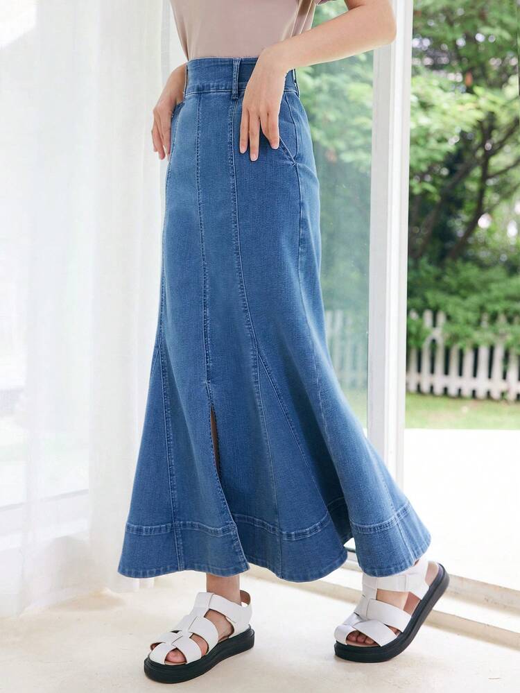 DAZY Mermaid Hem Denim Skirt - Medium Wash - View 8