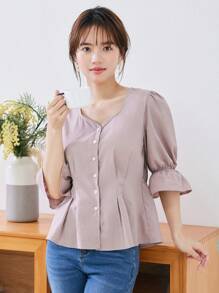 DAZY 纯色纽扣前喇叭袖衬衫，荷叶边 - 粉色 - 查看 8