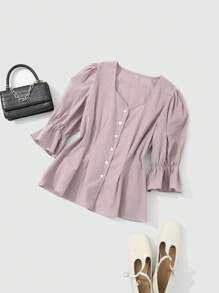 DAZY 纯色纽扣前喇叭袖衬衫，荷叶边 - 粉色 - 查看 9