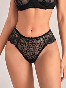 Women's Elegant Black Baroque Lace Sheer Briefs Medium Stretch Curvy Panties For Fantasy Lingerie Style - Black - View 7