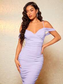 SHEIN BAE Đầm Xù màu trơn Thanh lịch - Màu Lilac Tím - Xem 4