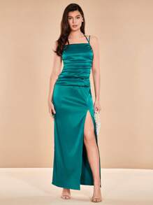 SHEIN Belle 褶邊高衩緞面吊帶裙伴娘禮服