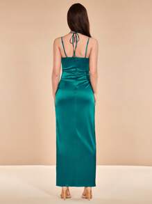 SHEIN Belle 褶邊高衩緞面吊帶裙伴娘禮服