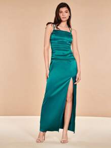 SHEIN Belle 褶邊高衩緞面吊帶裙伴娘禮服