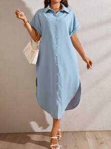 SHEIN LUNE Plus Curved Hem Batwing Sleeve Shirt Dress - Baby Blue - View 1