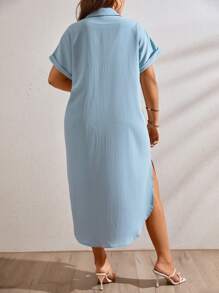 SHEIN LUNE Plus Curved Hem Batwing Sleeve Shirt Dress - Baby Blue - View 2
