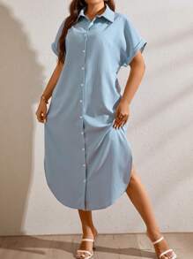 SHEIN LUNE Plus Curved Hem Batwing Sleeve Shirt Dress - Baby Blue - View 3