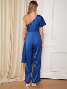 SHEIN Belle One Shoulder Draped Side Split Hem Wide Leg Jumpsuit - Blue - View 2