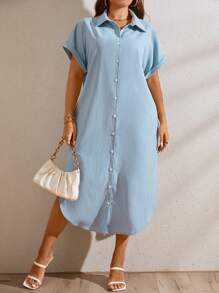 SHEIN LUNE Plus Curved Hem Batwing Sleeve Shirt Dress - Baby Blue - View 4