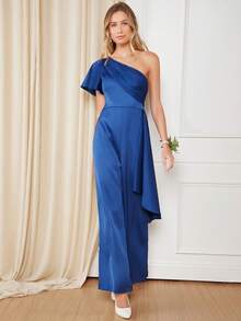 SHEIN Belle One Shoulder Draped Side Split Hem Wide Leg Jumpsuit - Blue - View 3