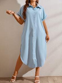 SHEIN LUNE Plus Curved Hem Batwing Sleeve Shirt Dress - Baby Blue - View 5