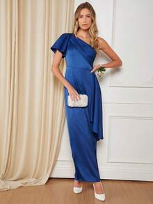 SHEIN Belle One Shoulder Draped Side Split Hem Wide Leg Jumpsuit - Blue - View 5