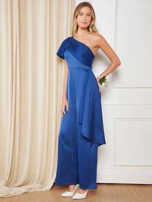 SHEIN Belle One Shoulder Draped Side Split Hem Wide Leg Jumpsuit - Blue - View 6