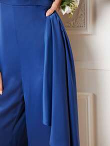 SHEIN Belle One Shoulder Draped Side Split Hem Wide Leg Jumpsuit - Blue - View 7