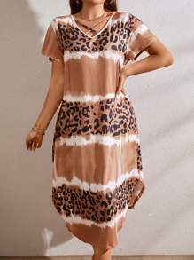 SHEIN LUNE Plus Leopard Print Tie Dye Curved Hem Tee Dress - Brown - View 1
