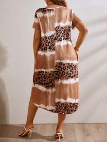 SHEIN LUNE Plus Leopard Print Tie Dye Curved Hem Tee Dress - Brown - View 2