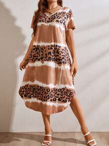 SHEIN LUNE Plus Leopard Print Tie Dye Curved Hem Tee Dress - Brown - View 3