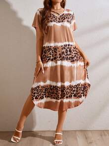 SHEIN LUNE Plus Leopard Print Tie Dye Curved Hem Tee Dress - Brown - View 5