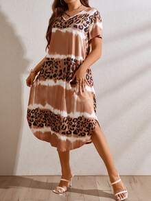 SHEIN LUNE Plus Leopard Print Tie Dye Curved Hem Tee Dress - Brown - View 6
