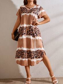 SHEIN LUNE Plus Leopard Print Tie Dye Curved Hem Tee Dress - Brown - View 7