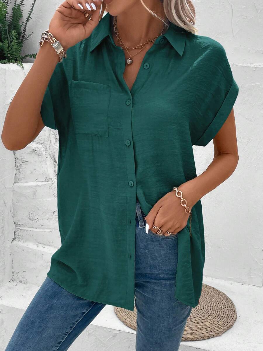 SHEIN LUNE Batwing Sleeve Pocket Patched Shirt - Dark Green - View 1